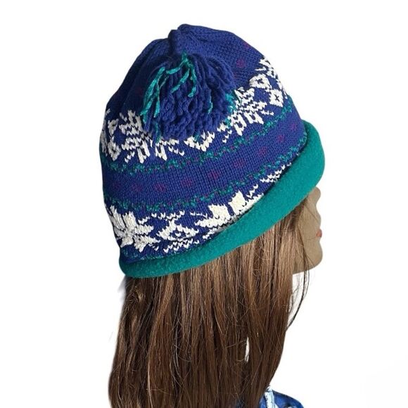 DARN FINE HATS Wool Acrylic Winter Hat Beanie Fair Isle Blue White Teal VINTAGE - Picture 2 of 7